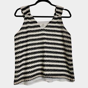 LOFT Black Ivory Lace Tank Scalloped Stripe Sleeveless Top M